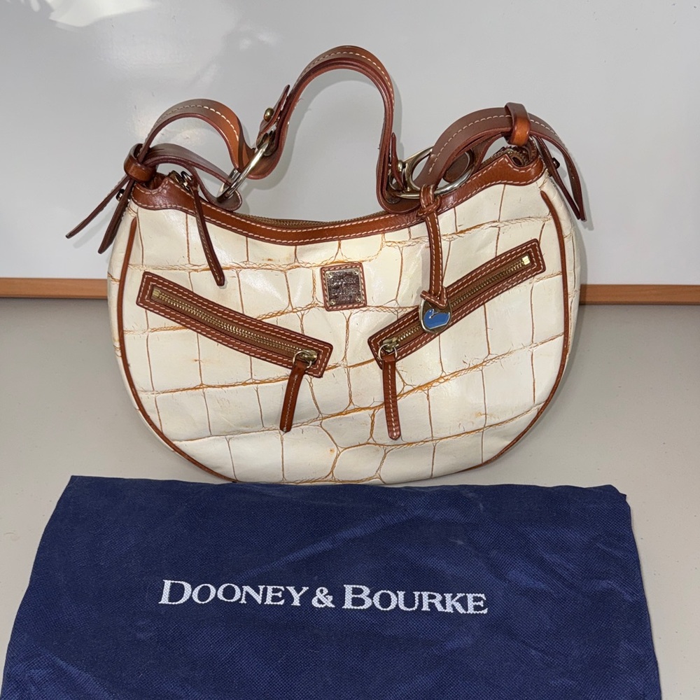 Dooney & Bourke Croc Embossed Shoulder Bag Cream Brown Leather Y2K Hobo Bag - Picture 2 of 12
